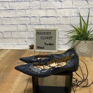 J. Crew navy pointed toe flats with long straps tie up the leg eyelet details